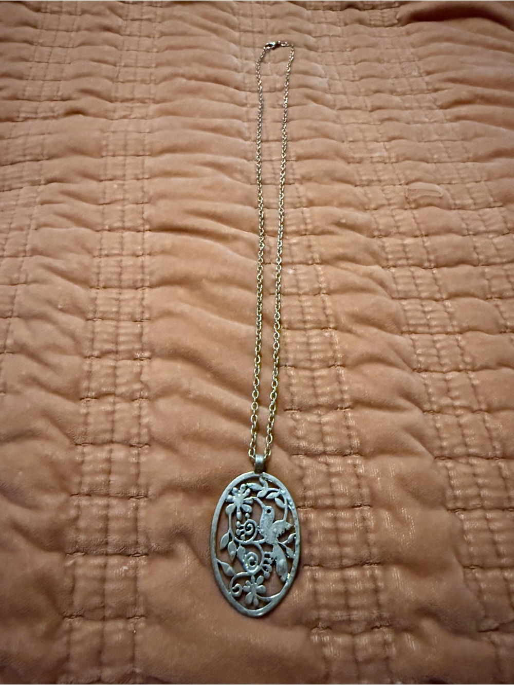 Elegant Floral with Bird Filigree Oval Pendant Necklace - Silver Tone, Long
